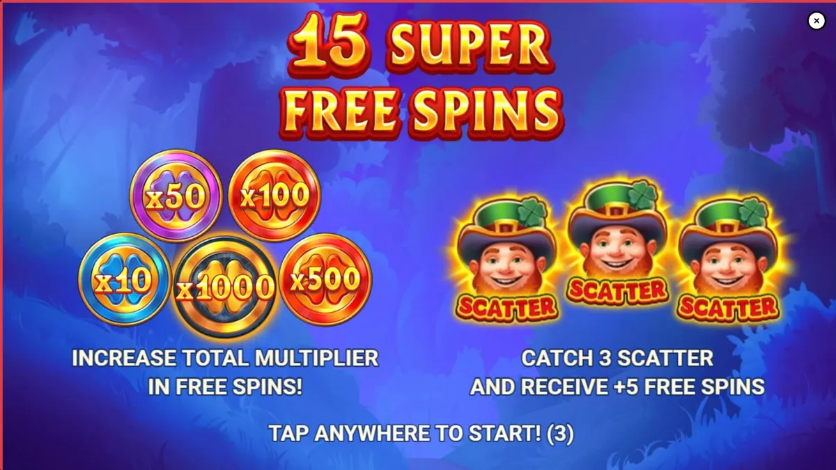 Leprechaun sorridente em uma floresta mágica no slot Lucky Penny Power Scatter