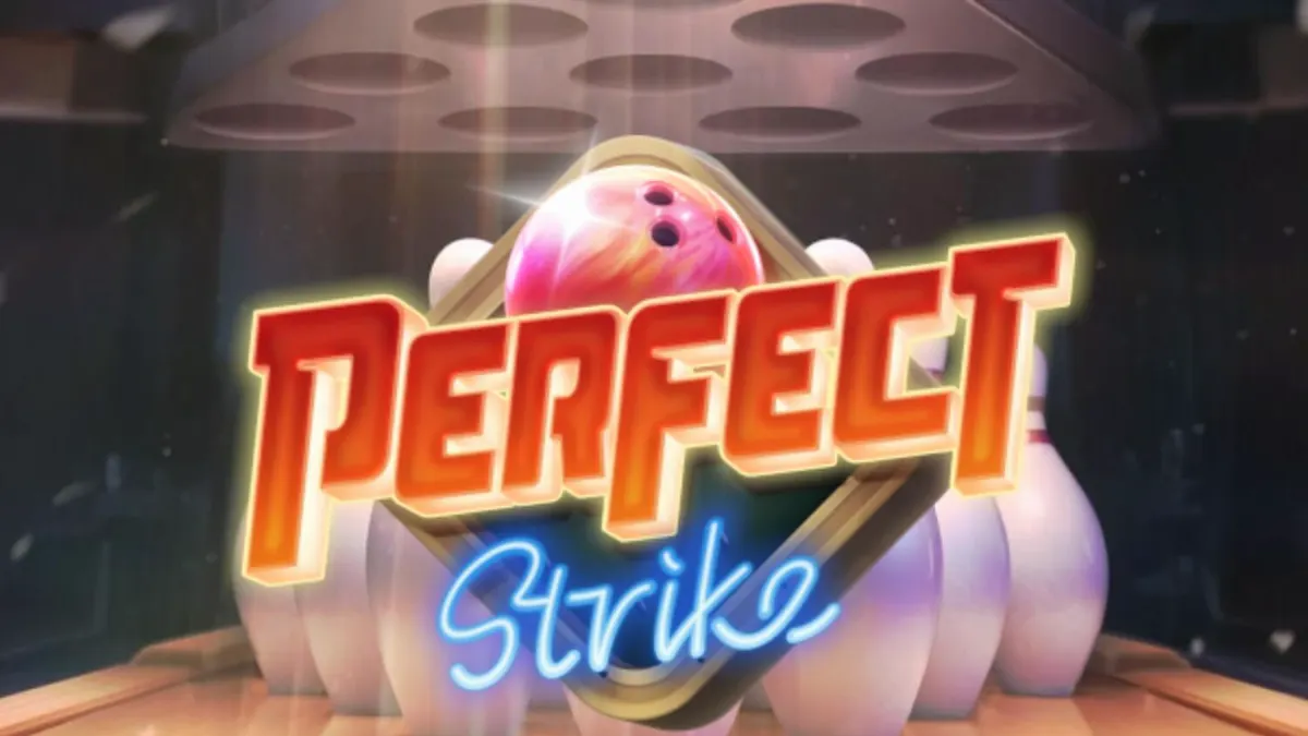 Interface do jogo de slot Perfect Strike com tema de boliche neon